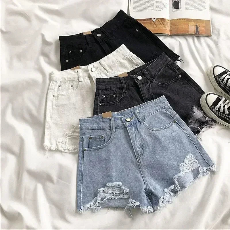 Korean Denim Shorts Women Summer Fashion Casual High Waist Ripped Jeans Pocket Tassel Y2K Hot Pants Streetwear Blue Trousers Femstylo