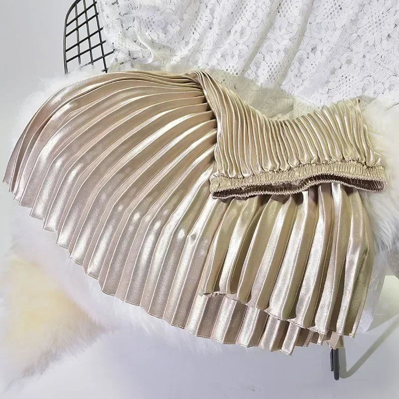 Classic Golden Velvet Pleated Skirt High Waist Retro Style Fashion Office Lady Pleated Long Skirt Winter Velvet Skirt 90cm Long Femstylo