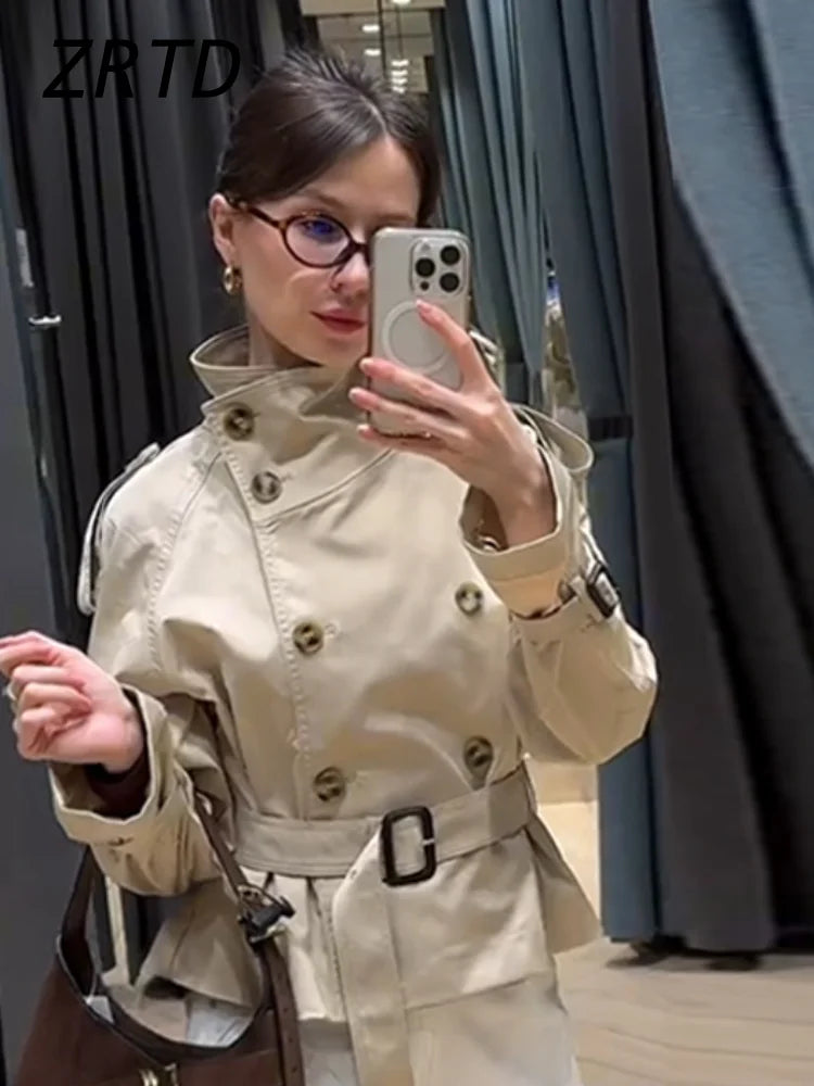 Fashion Women's Short Belt Jackets Turtleneck Double Breasted Full Sleeve Female Trench Coats 2025 Autumn Lady Commute Outwear Urban Fashion Icon