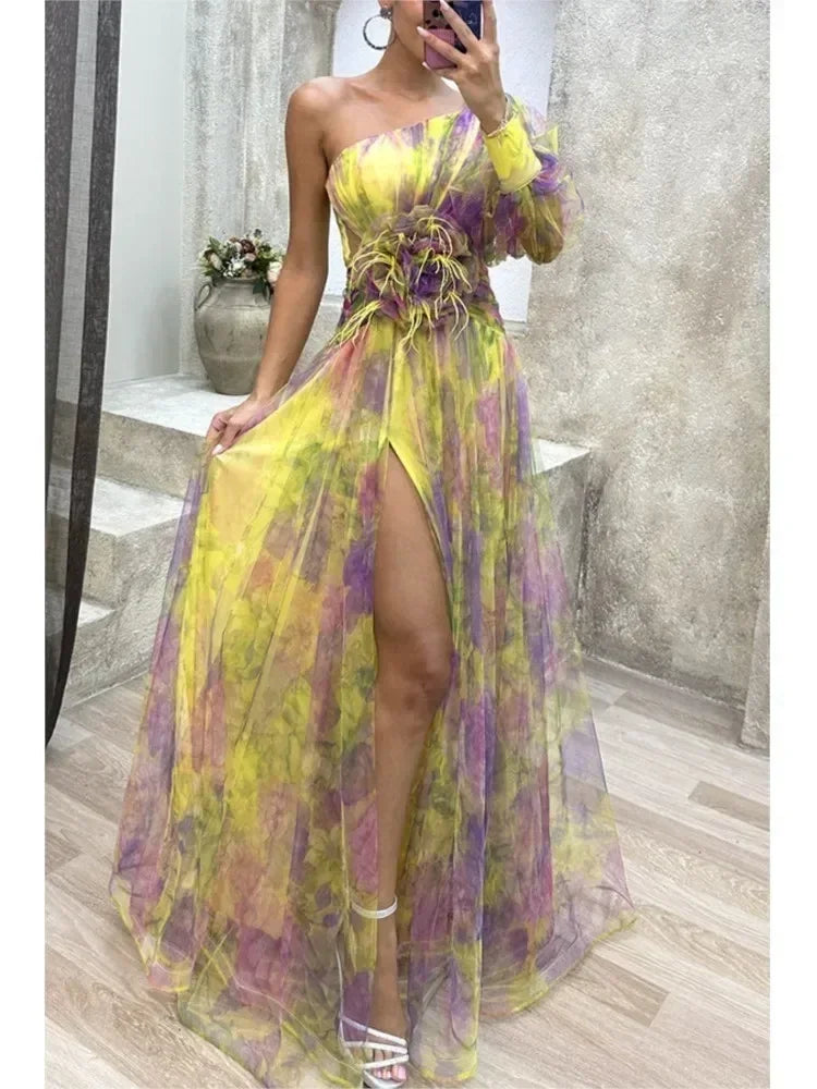 Elegant Oblique Shoulder Single-sleeve  Zipper High Slit Mesh Long Dress For Women Fashion Flower Decoration Party Dress Female Femstylo