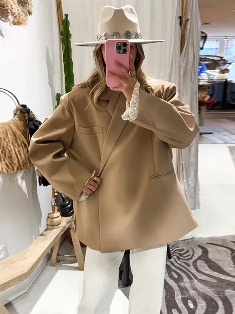 Women's V-Neck Side-Buttoned Suit Jacket Long Sleeve Solid Color Coats Pocket Cuffs Oversize Tops High Street Female Clothes Femstylo