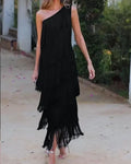 Spring and Summer New Fashion Fringed Slanted Shoulder Asymmetrical Dress for Women Femstylo