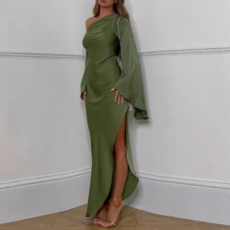 Sexy Oblique Shoulder Solid Irregular Dress Women Elegant Skew Collar Backless Long Dress Autumn Flare Sleeve Slit Party Dresses Femstylo