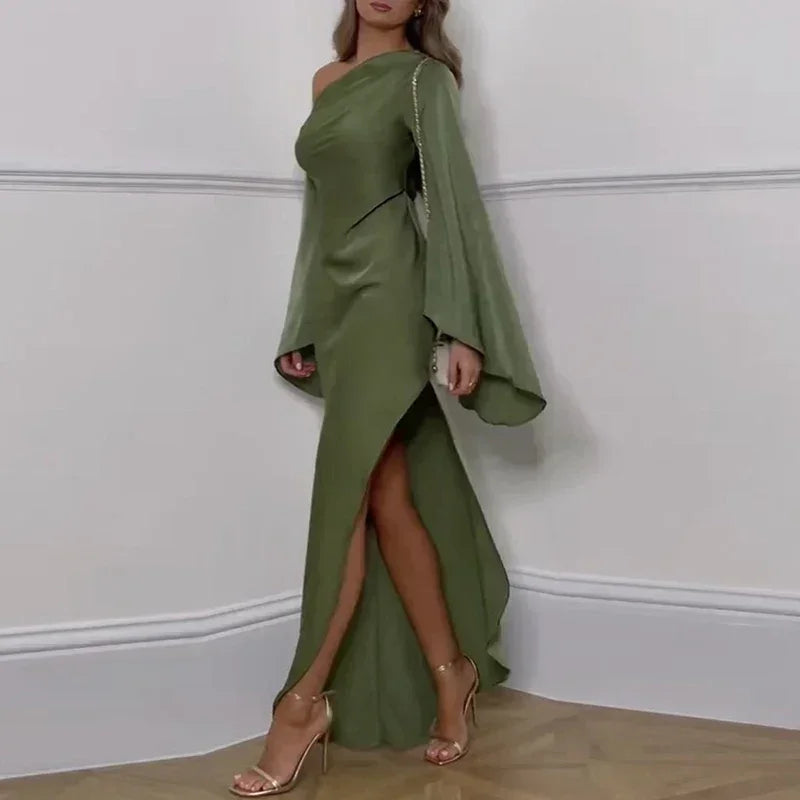 Sexy Oblique Shoulder Solid Irregular Dress Women Elegant Skew Collar Backless Long Dress Autumn Flare Sleeve Slit Party Dresses Femstylo