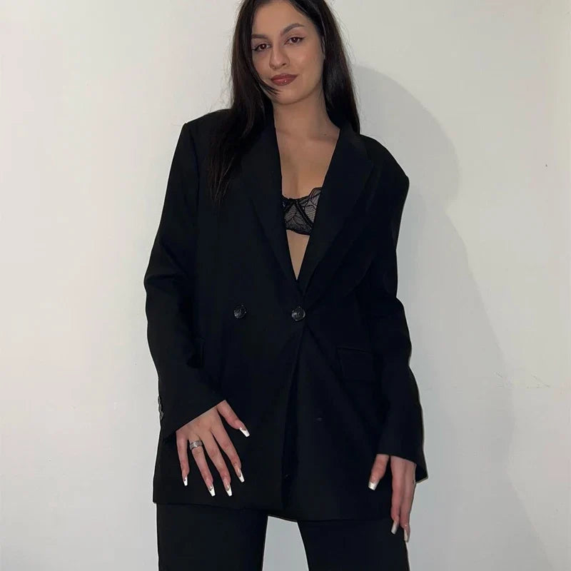 HXAO Blazer Women Double Breasted Pocket Women's Jacket 2025 Long Sleeve Casual Blazers Woman Chic Office Wear Ladies Coat Urban Fashion Icon
