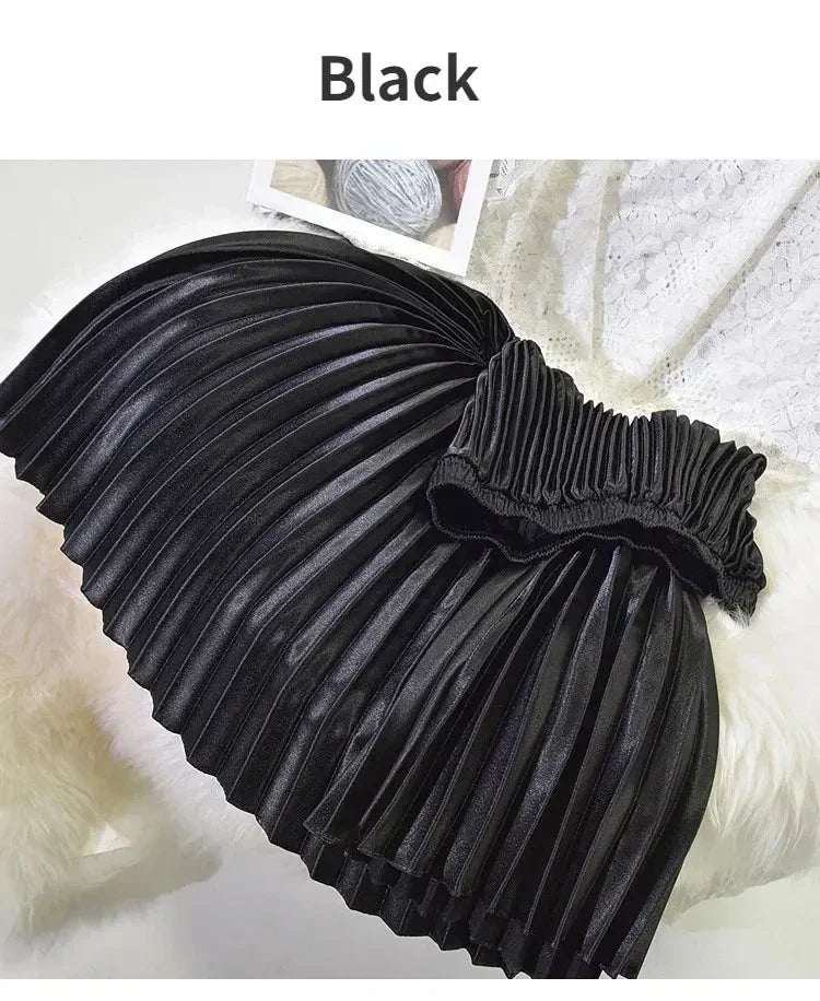 Classic Golden Velvet Pleated Skirt High Waist Retro Style Fashion Office Lady Pleated Long Skirt Winter Velvet Skirt 90cm Long Femstylo