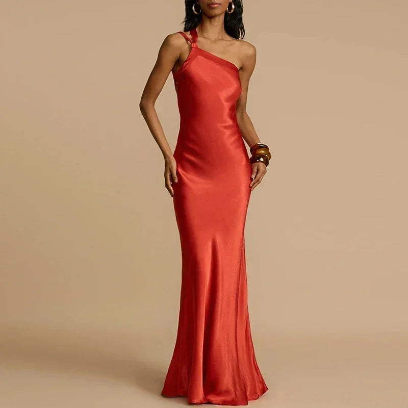 2024 Spring Sexy Inclined Shoulder Party Dress Women High Waist Satin Boho Long Dress Summer Backless Hollow Bandage Maxi Dress Femstylo