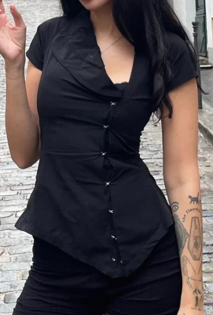 Women Vintage Black Irregular Buttons Top Fashion Solid Lapel Short Sleeve Slim Cropped Blouse 2026 Lady Daily Street Y2k Tops Urban Fashion Icon