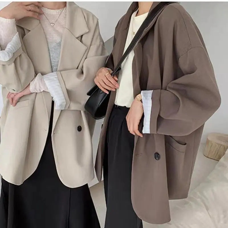 Oversize Blazers Women Long Sleeve Black Suit Streetwear Korean Chic Loose Jacket Spring Autumn Coat Double-breasted Tweed New Urban Fashion Icon