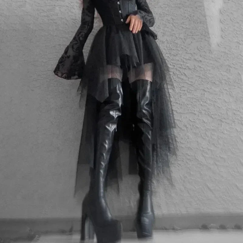Casual Skirts Punk Sexy Net Yarn High-Waisted Irregular Skirt for Women Summer New European and American Gothic Style Versatile Femstylo