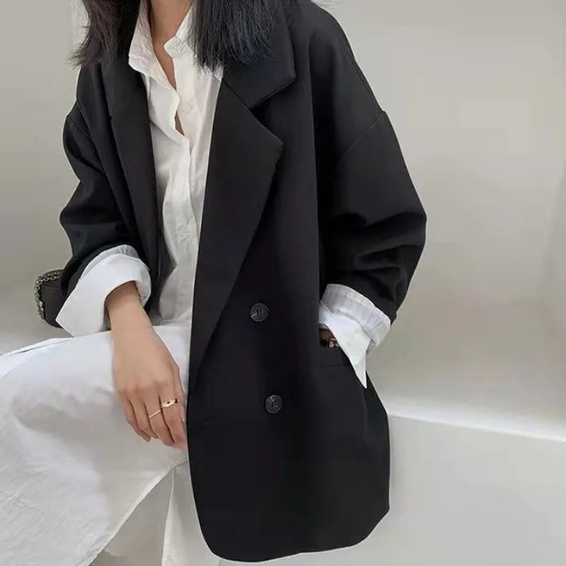 Oversize Blazers Women Long Sleeve Black Suit Streetwear Korean Chic Loose Jacket Spring Autumn Coat Double-breasted Tweed New Urban Fashion Icon