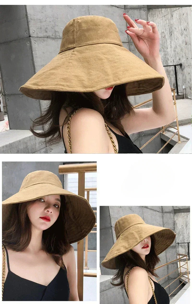 Japanese Sunshade Female Spring and Summer Sunscreen Free To Fold Big Brim Sun Hat Fisherman Hat Cover Face Oversized Hair Femstylo