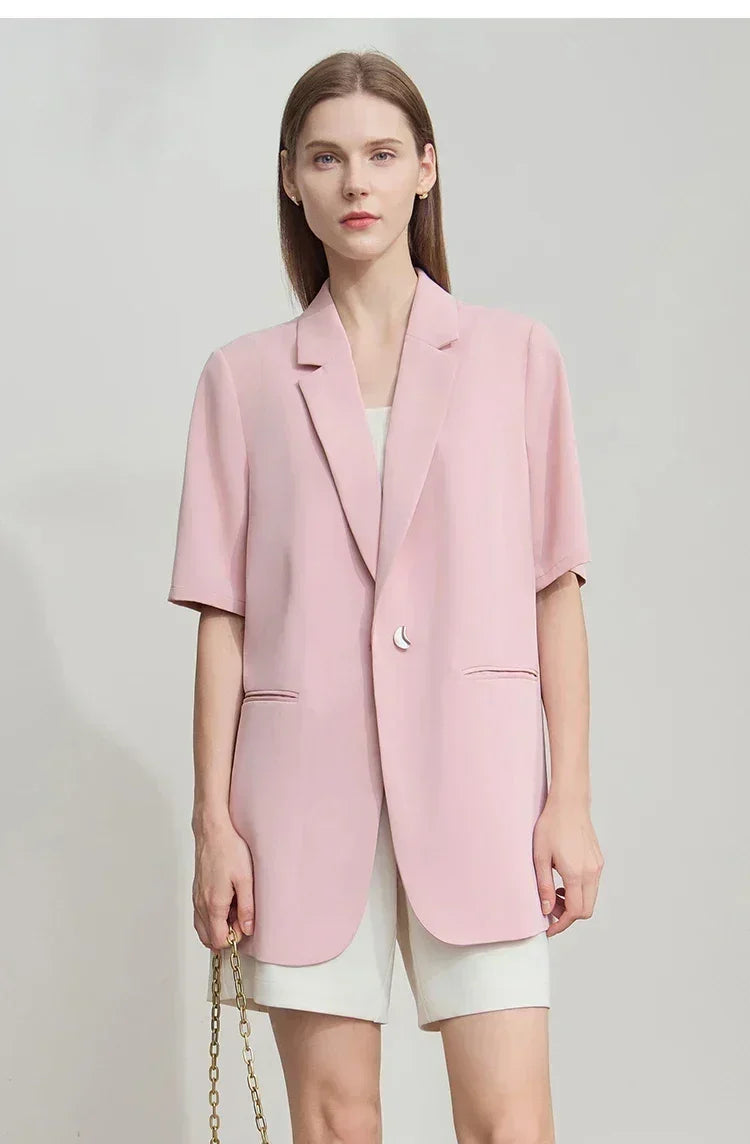 Amii Women's Top Minimalist 2025 Summer New Notched Lapel Contrast Material Patchwork One Button Short Sleeve Blazer 12542081 Femstylo
