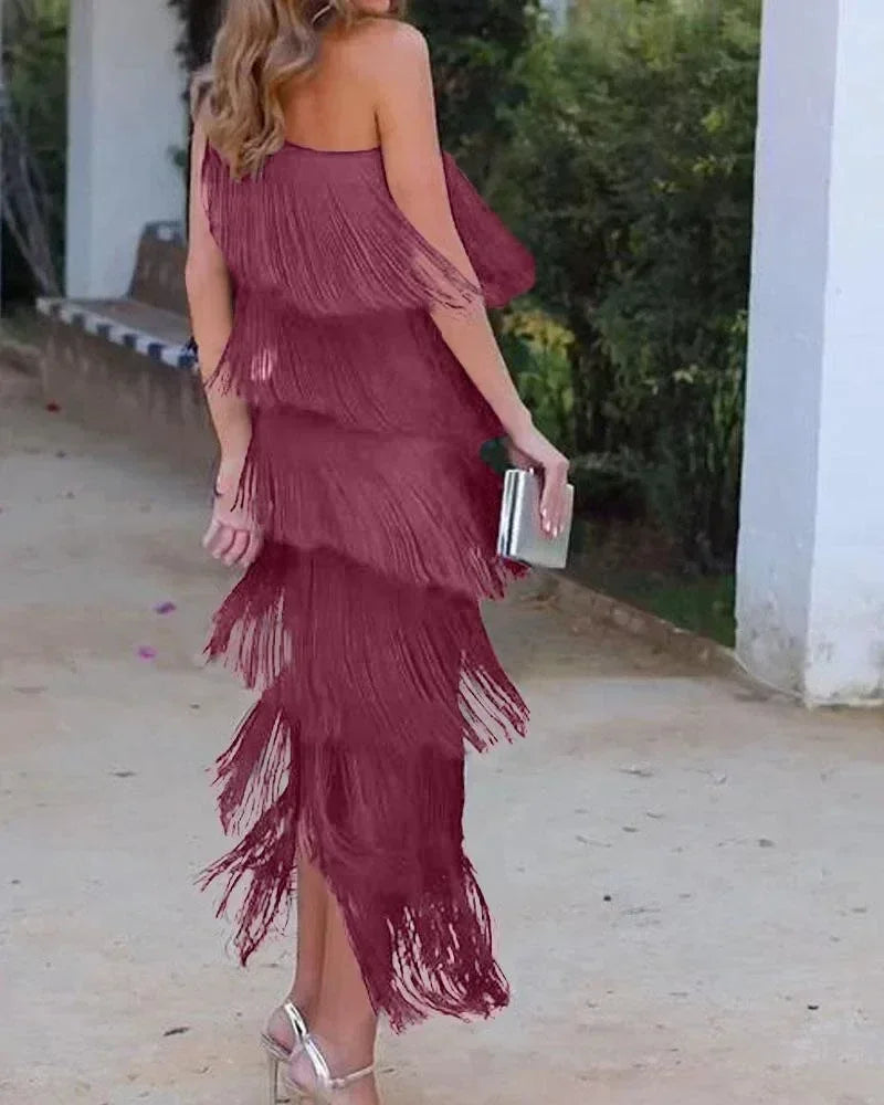 Spring and Summer New Fashion Fringed Slanted Shoulder Asymmetrical Dress for Women Femstylo
