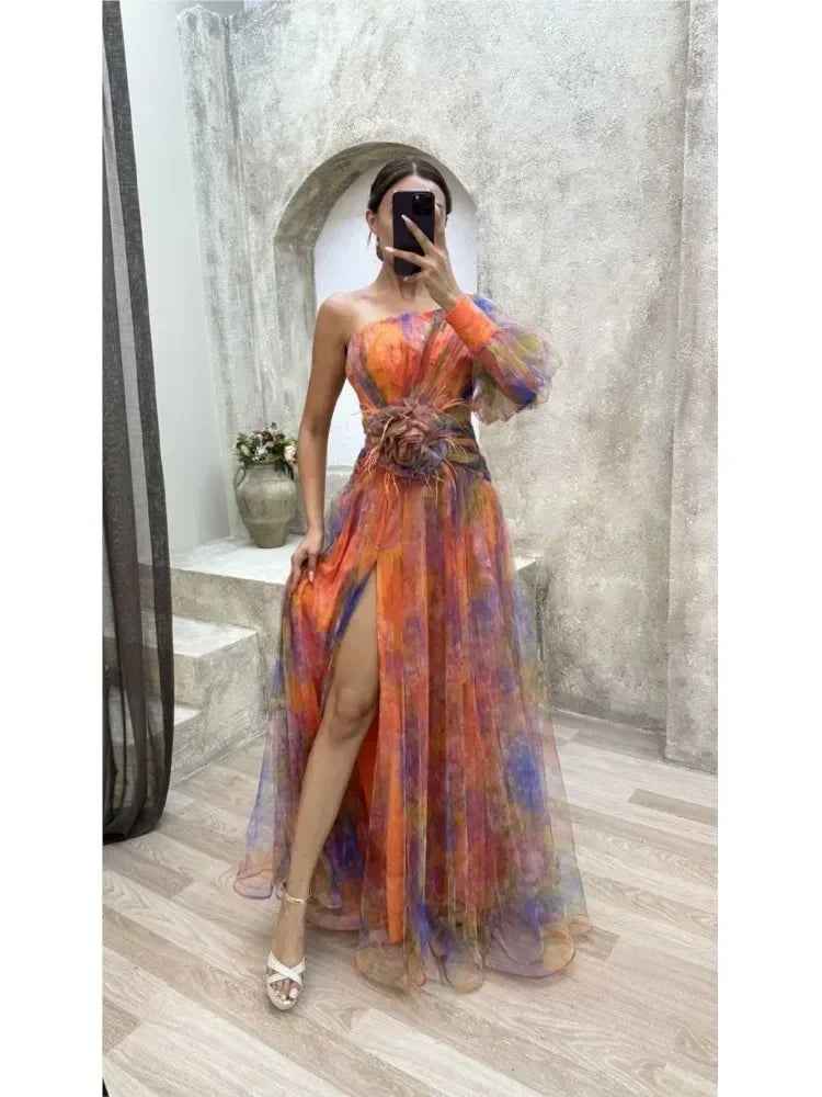 Elegant Oblique Shoulder Single-sleeve  Zipper High Slit Mesh Long Dress For Women Fashion Flower Decoration Party Dress Female Femstylo