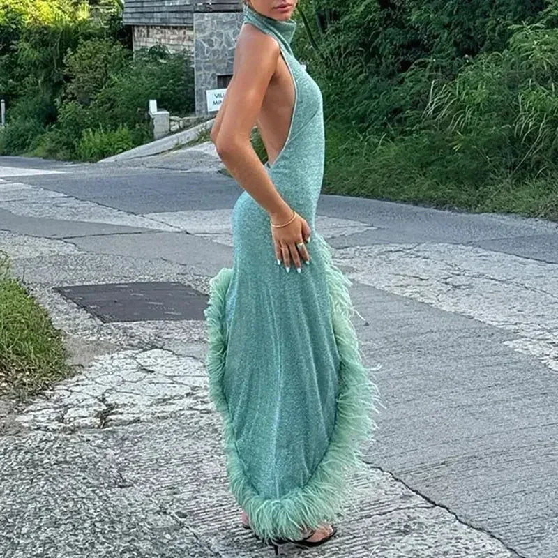 Sexy Sleeveless Hollow Irregular Long Dress Fashion Backless Slim Fit Party Dress Lady Elegant Feather Patchwork Suspender Dress Femstylo