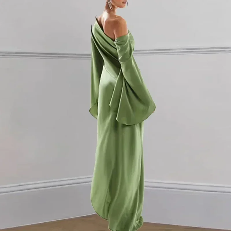 Sexy Oblique Shoulder Solid Irregular Dress Women Elegant Skew Collar Backless Long Dress Autumn Flare Sleeve Slit Party Dresses Femstylo