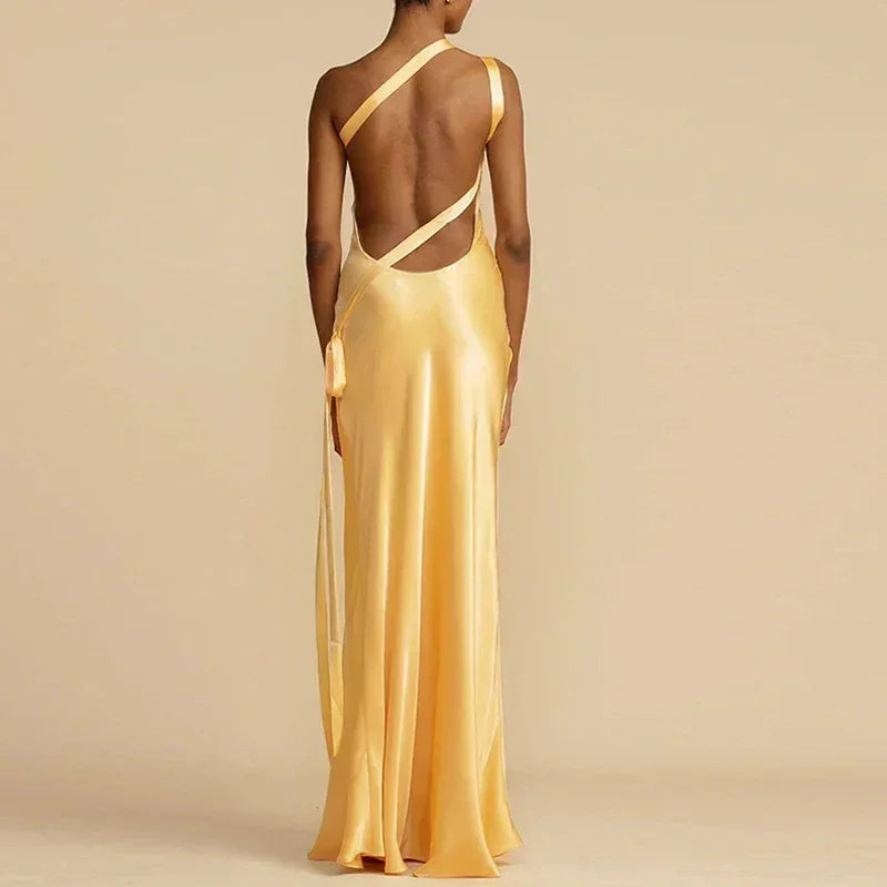2024 Spring Sexy Inclined Shoulder Party Dress Women High Waist Satin Boho Long Dress Summer Backless Hollow Bandage Maxi Dress Femstylo