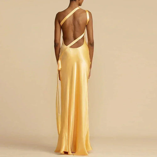 2024 Spring Sexy Inclined Shoulder Party Dress Women High Waist Satin Boho Long Dress Summer Backless Hollow Bandage Maxi Dress Femstylo