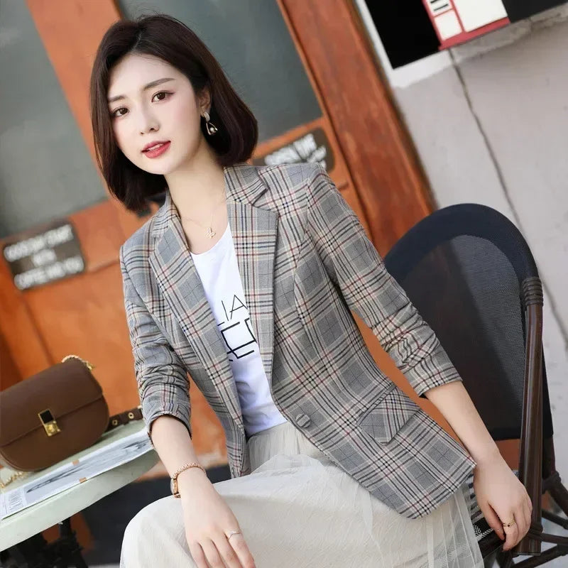 Gray Striped Plaid Blazer Jacket Women's Fashion Slim Coats V-Neck Single Button Ladies Blazers S-XXXXXL Femstylo