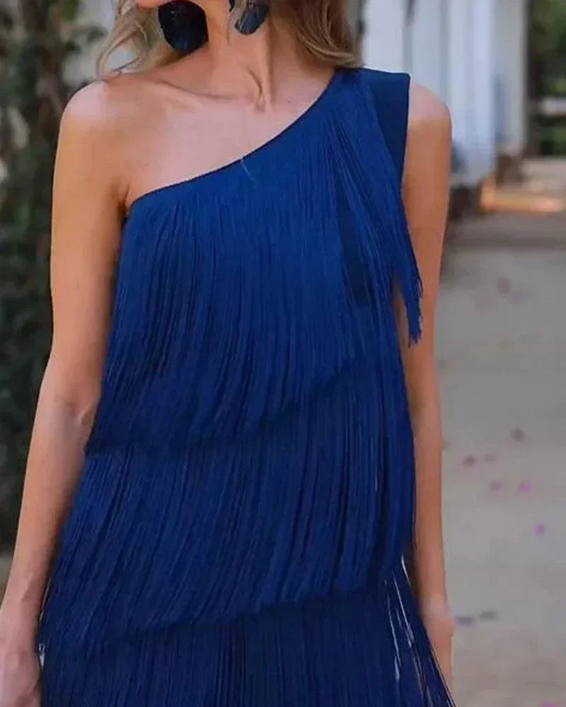 Spring and Summer New Fashion Fringed Slanted Shoulder Asymmetrical Dress for Women Femstylo
