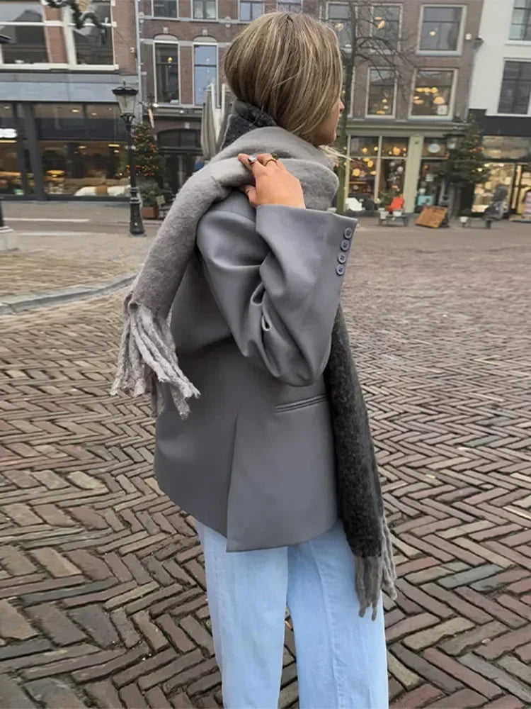 Women's V-Neck Side-Buttoned Suit Jacket Long Sleeve Solid Color Coats Pocket Cuffs Oversize Tops High Street Female Clothes Femstylo