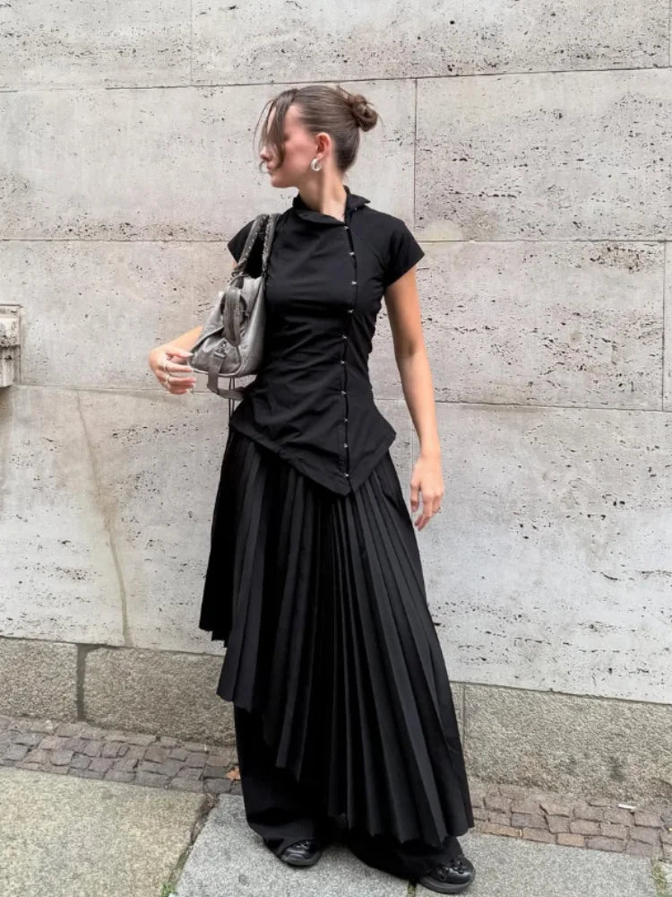 Women Vintage Black Irregular Buttons Top Fashion Solid Lapel Short Sleeve Slim Cropped Blouse 2026 Lady Daily Street Y2k Tops Urban Fashion Icon