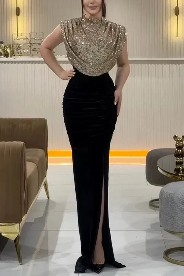 Lady Fashion Sleeveless Draped Split Dress Casual O Neck Sequin Splicing Party Dress 2025 New Year Elegant High Waist Long Dress Femstylo