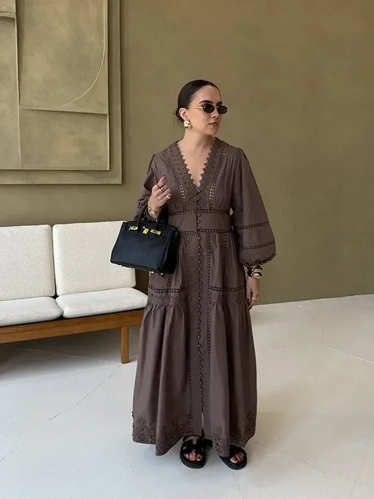 Elegant Lace Patchwork Hollow Out Dress Women Solid V-neck Long Lantern Sleeve Loose Dresses 2025 Spring Vacation Lady Robes Femstylo