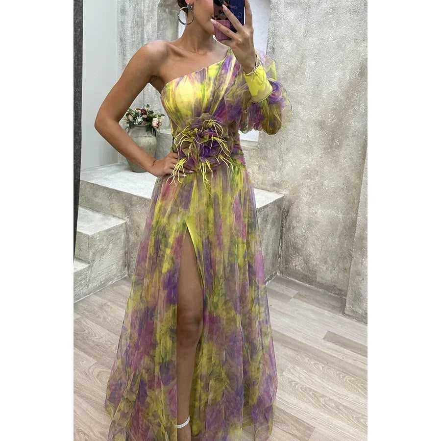 Elegant Oblique Shoulder Single-sleeve  Zipper High Slit Mesh Long Dress For Women Fashion Flower Decoration Party Dress Female Femstylo