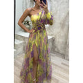Elegant Oblique Shoulder Single-sleeve  Zipper High Slit Mesh Long Dress For Women Fashion Flower Decoration Party Dress Female Femstylo