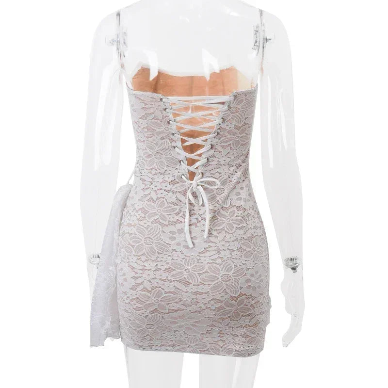 Candyhot Elegant Lace Strapless Sexy See-through Dress Bandage Irregular Mini Dress For Women Summer Slim Street Party Dress Femstylo