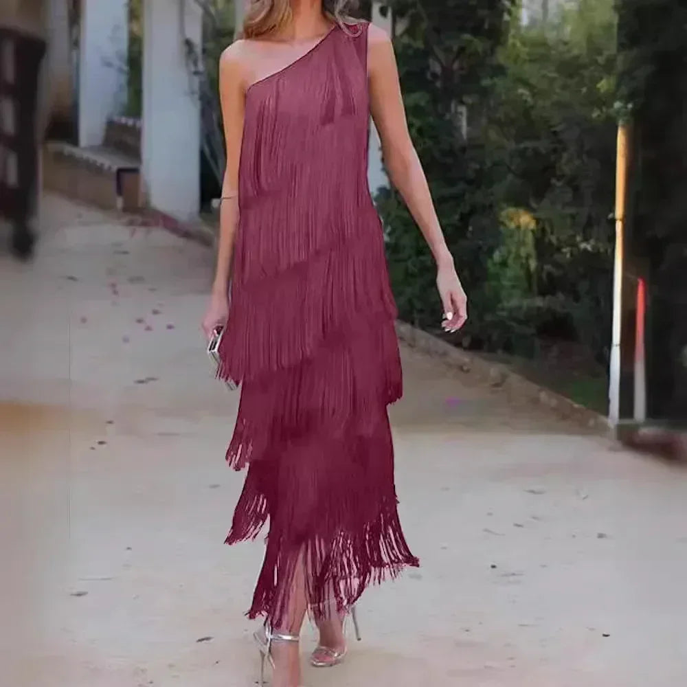 Spring and Summer New Fashion Fringed Slanted Shoulder Asymmetrical Dress for Women Femstylo