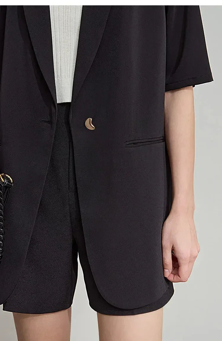 Amii Women's Top Minimalist 2025 Summer New Notched Lapel Contrast Material Patchwork One Button Short Sleeve Blazer 12542081 Femstylo