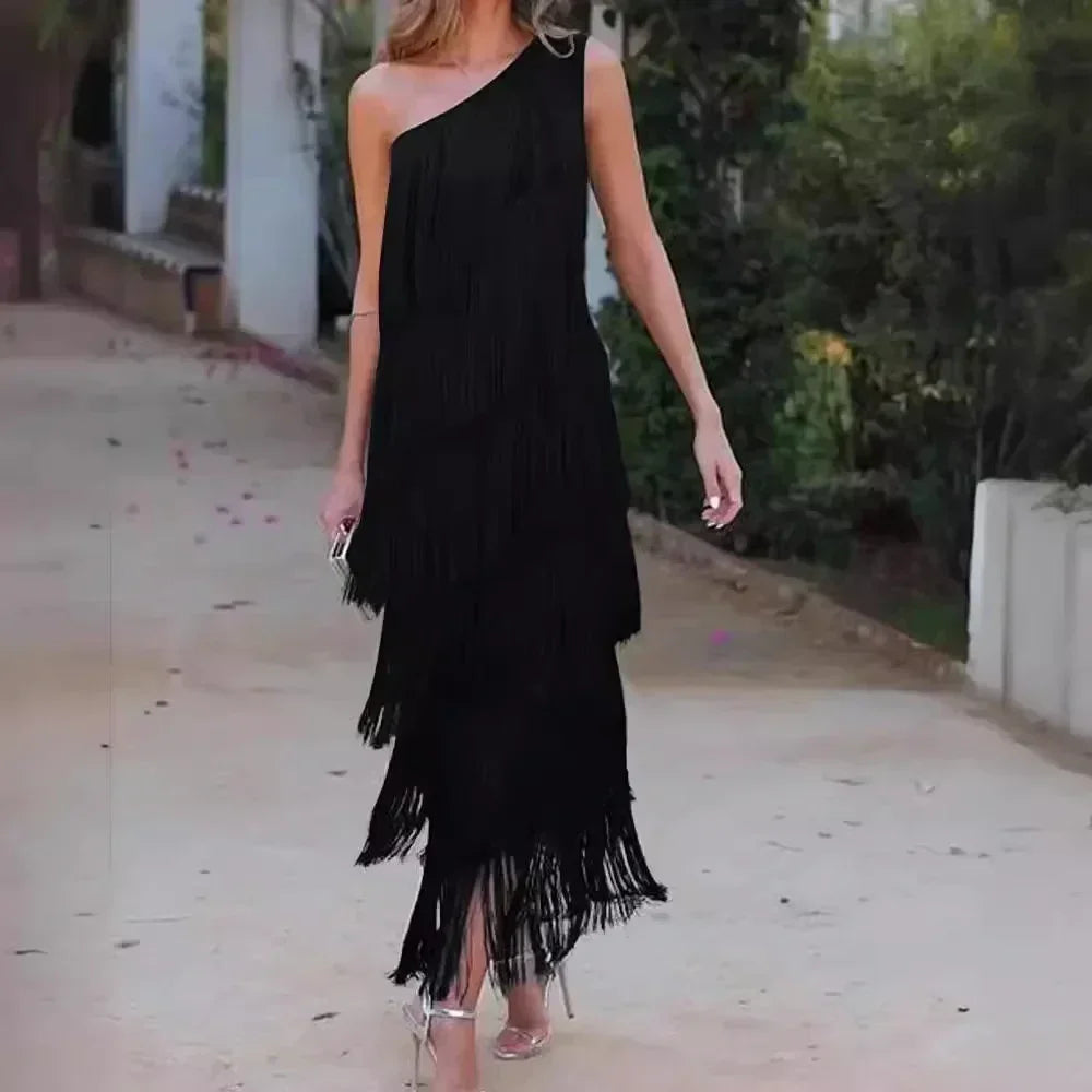 Spring and Summer New Fashion Fringed Slanted Shoulder Asymmetrical Dress for Women Femstylo
