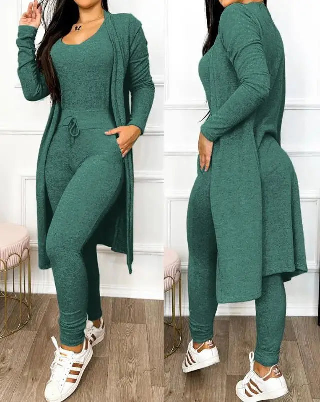 Two Piece Set Women Outfit 2023 Spring Fashion Drawstring Pocket Design U-Neck Sleeveless Skinny Jumpsuit & Long Sleeve Coat Set Urban Fashion Icon