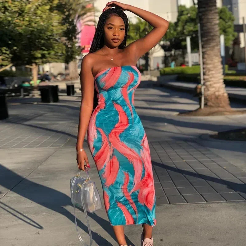 Spring And Summer Dresses For Women Chest Wrap Printed Off Shoulder Bandage Slim Sexy Long Dress 2023 New Fashion party MsChuh Femstylo