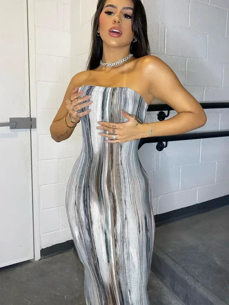 Spring And Summer Dresses For Women Chest Wrap Printed Off Shoulder Bandage Slim Sexy Long Dress 2023 New Fashion party MsChuh Femstylo