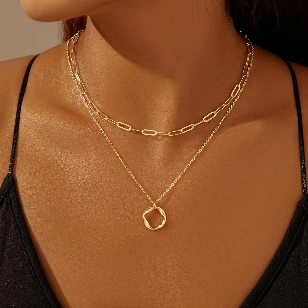 Layered Gold Necklaces for Women Stackable14K Gold Silver Plated Circle Paperclip Chain Pendant Choker Necklace Set For Woman Femstylo