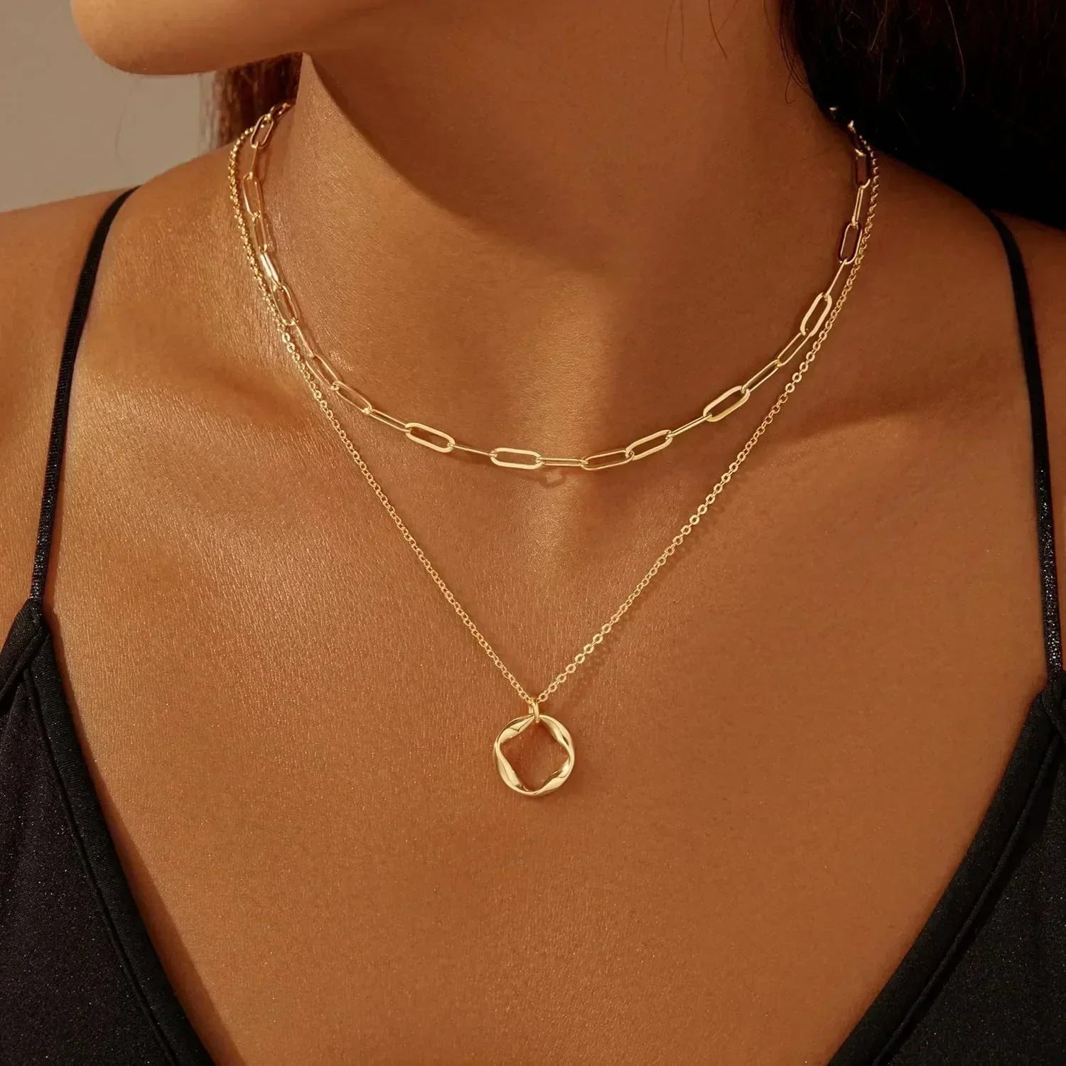 Layered Gold Necklaces for Women Stackable14K Gold Silver Plated Circle Paperclip Chain Pendant Choker Necklace Set For Woman Femstylo
