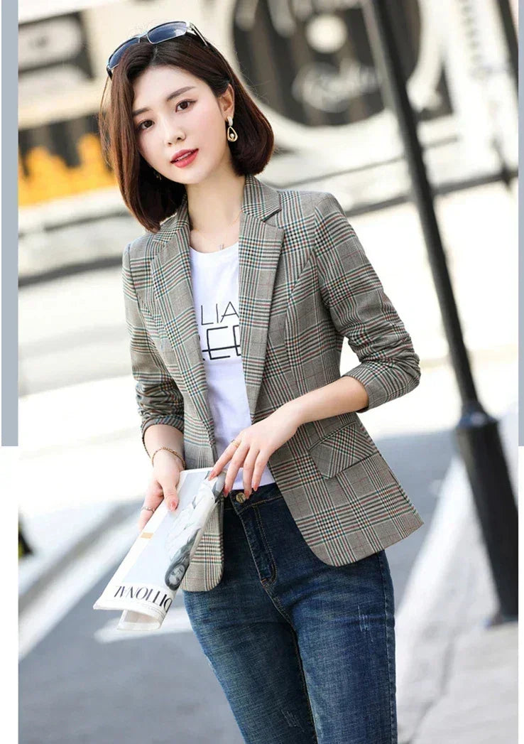 Gray Striped Plaid Blazer Jacket Women's Fashion Slim Coats V-Neck Single Button Ladies Blazers S-XXXXXL Femstylo