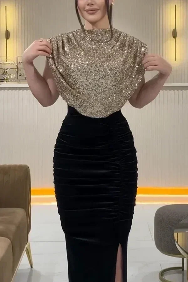 Lady Fashion Sleeveless Draped Split Dress Casual O Neck Sequin Splicing Party Dress 2025 New Year Elegant High Waist Long Dress Femstylo