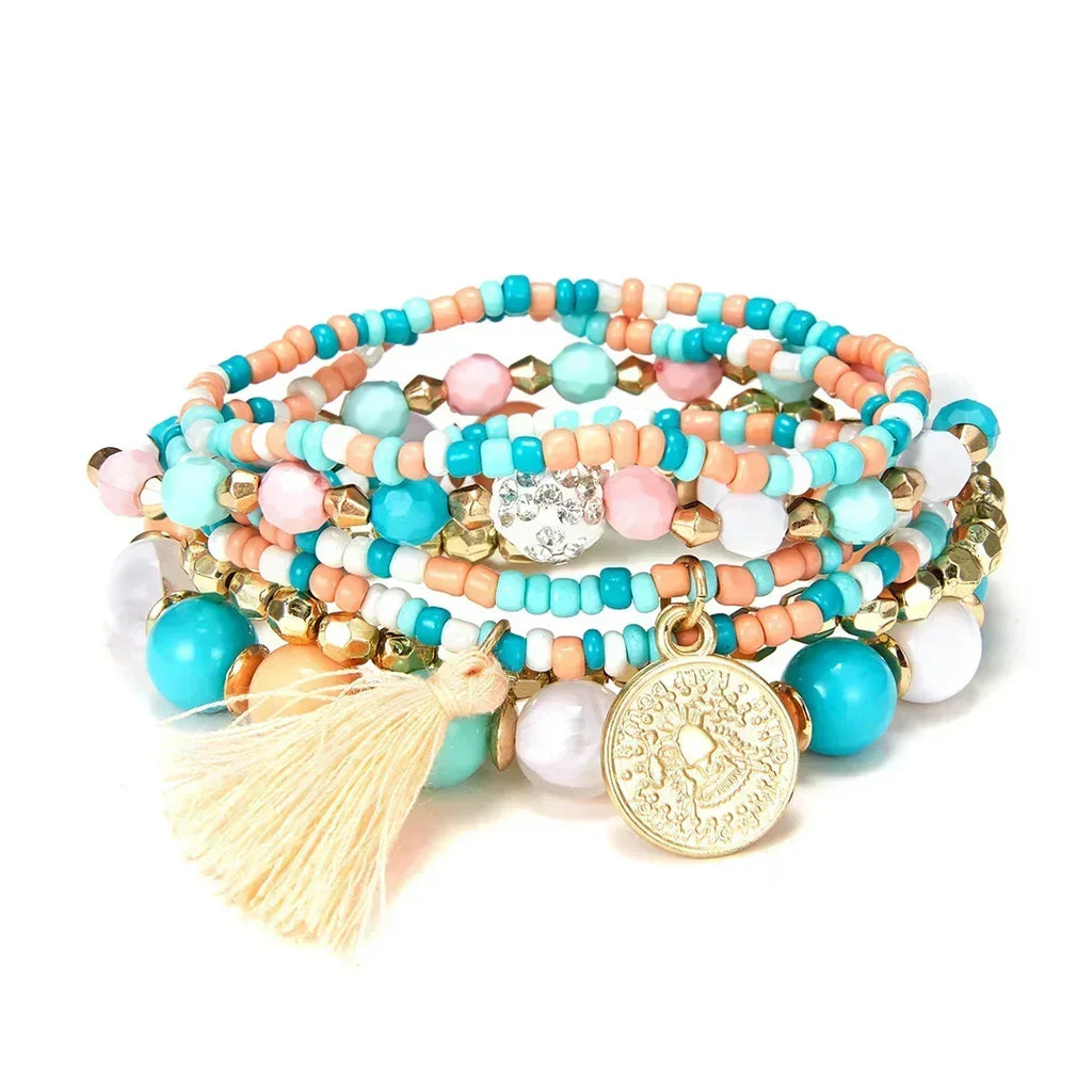Bohemia Crystal Tassel Multicolor Beads Bracelets For Women Handmade Elastic Rope Charm Wrap Bracelet Summer Beach Party Jewelry Femstylo