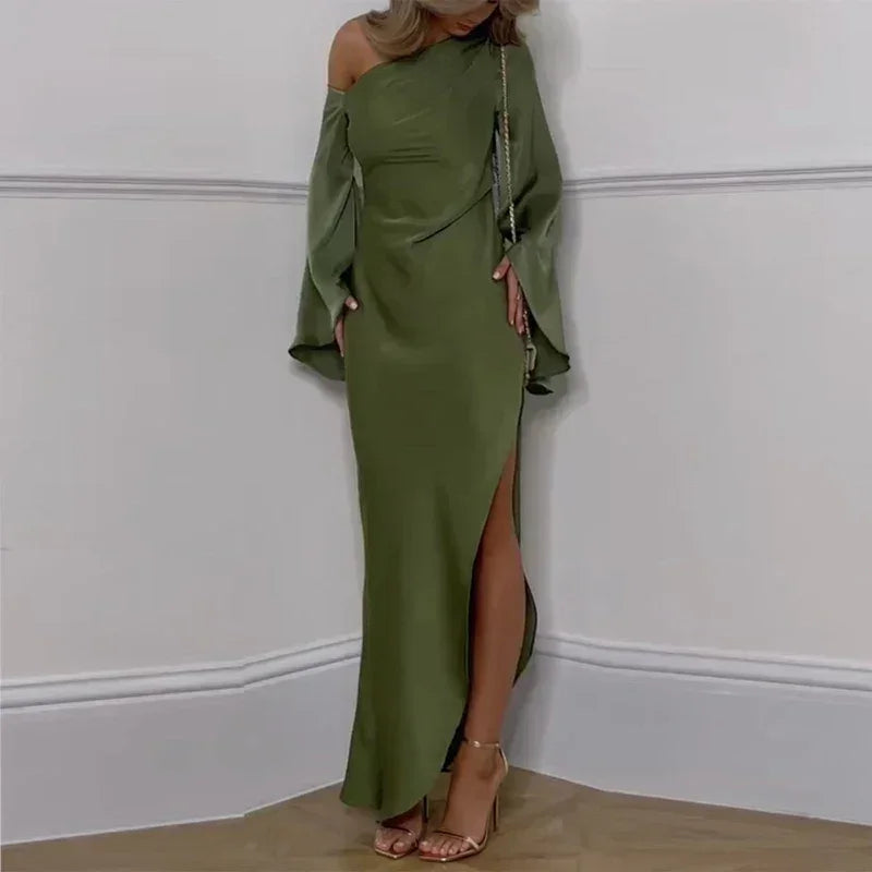 Sexy Oblique Shoulder Solid Irregular Dress Women Elegant Skew Collar Backless Long Dress Autumn Flare Sleeve Slit Party Dresses Femstylo