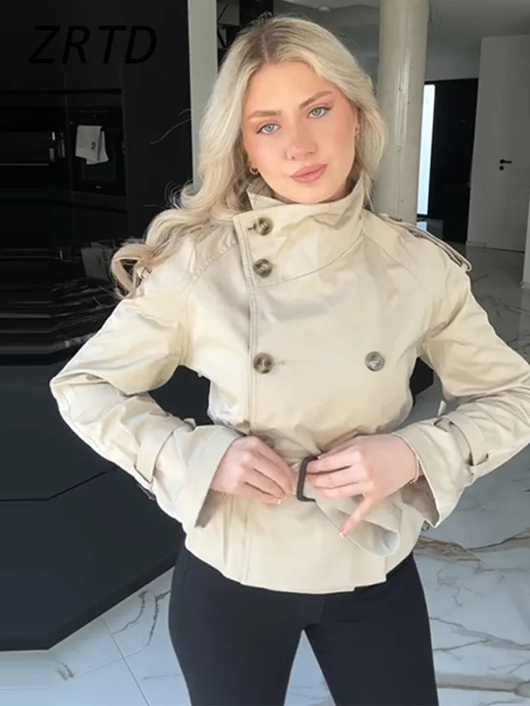 Fashion Women's Short Belt Jackets Turtleneck Double Breasted Full Sleeve Female Trench Coats 2025 Autumn Lady Commute Outwear Urban Fashion Icon