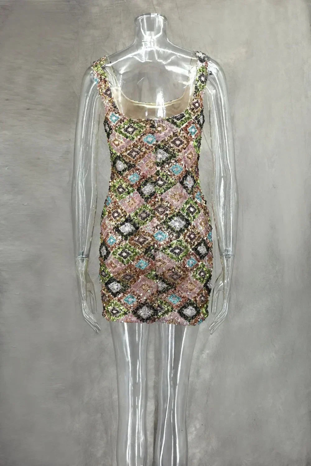 Colorful Rhombus Sequins Sexy Mini Dress Elegant Chic Straps Slit Bodycon Party Dresses Summer Holidays Evening Women Dress 2025 Femstylo
