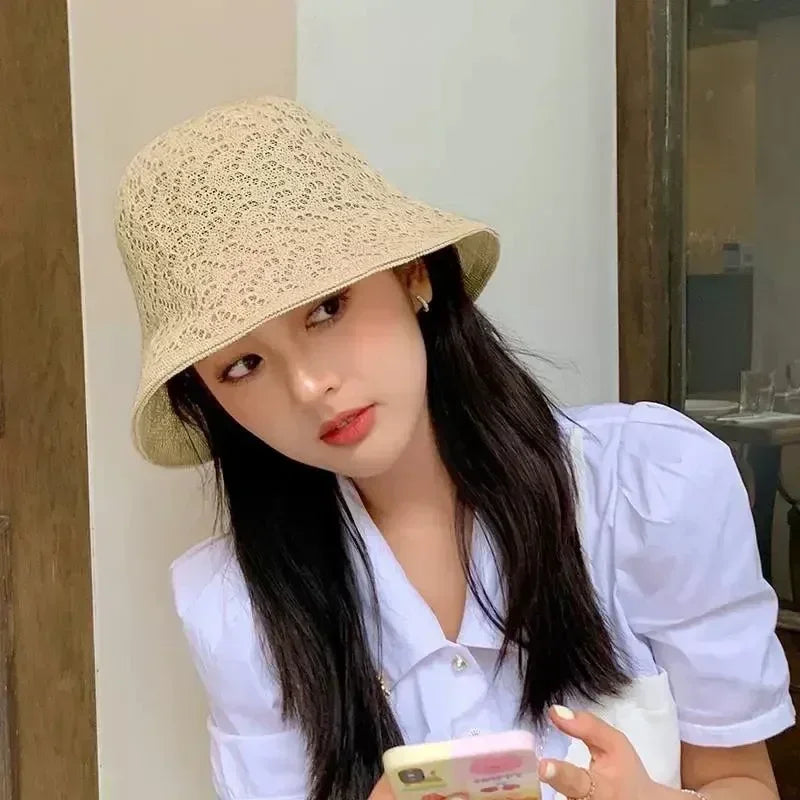 Outdoor Sunshade Hats Summer Breathable Hollow Knitted Korean Fashion Women Fisherman Hat Permeability Crochet Retro Bucket Hat Femstylo