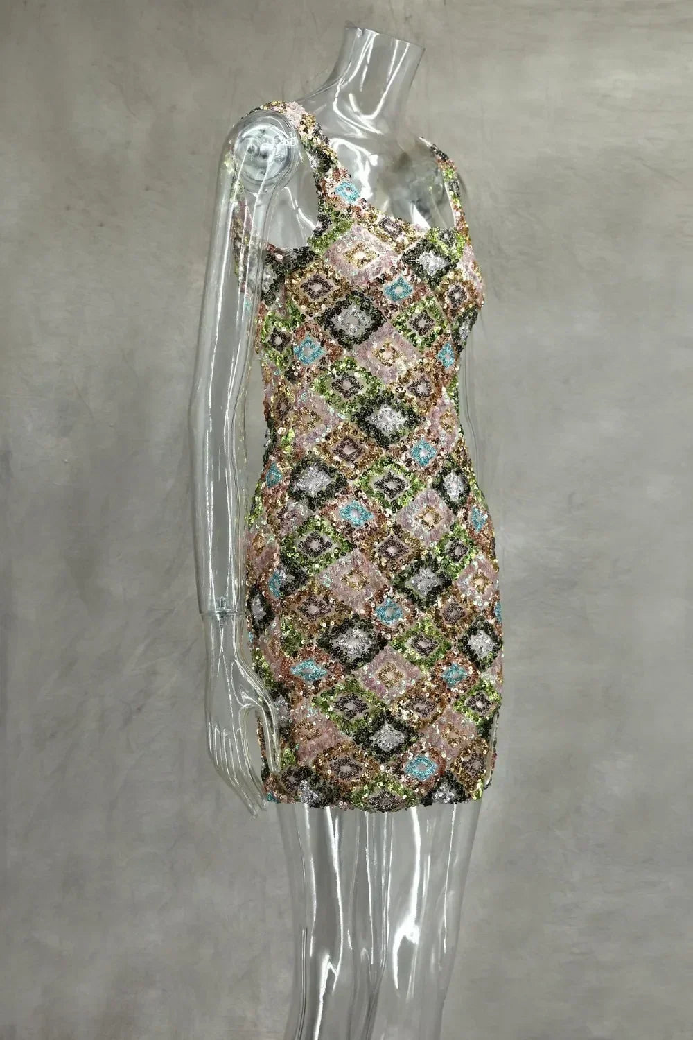 Colorful Rhombus Sequins Sexy Mini Dress Elegant Chic Straps Slit Bodycon Party Dresses Summer Holidays Evening Women Dress 2025 Femstylo