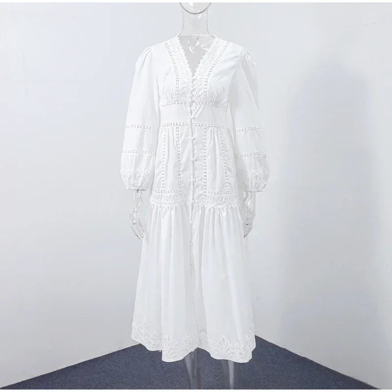 Elegant Lace Patchwork Hollow Out Dress Women Solid V-neck Long Lantern Sleeve Loose Dresses 2025 Spring Vacation Lady Robes Femstylo