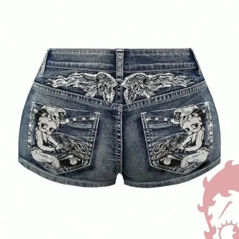 Kawaii cartoon character pocket embroidery high-quality slim denim shorts for women summer nightclub hip design casual y2k short Femstylo